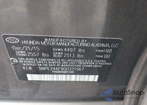 2016 Hyundai Sonata Se from USA, damaged, VIN 5NPE24AF9GH371567